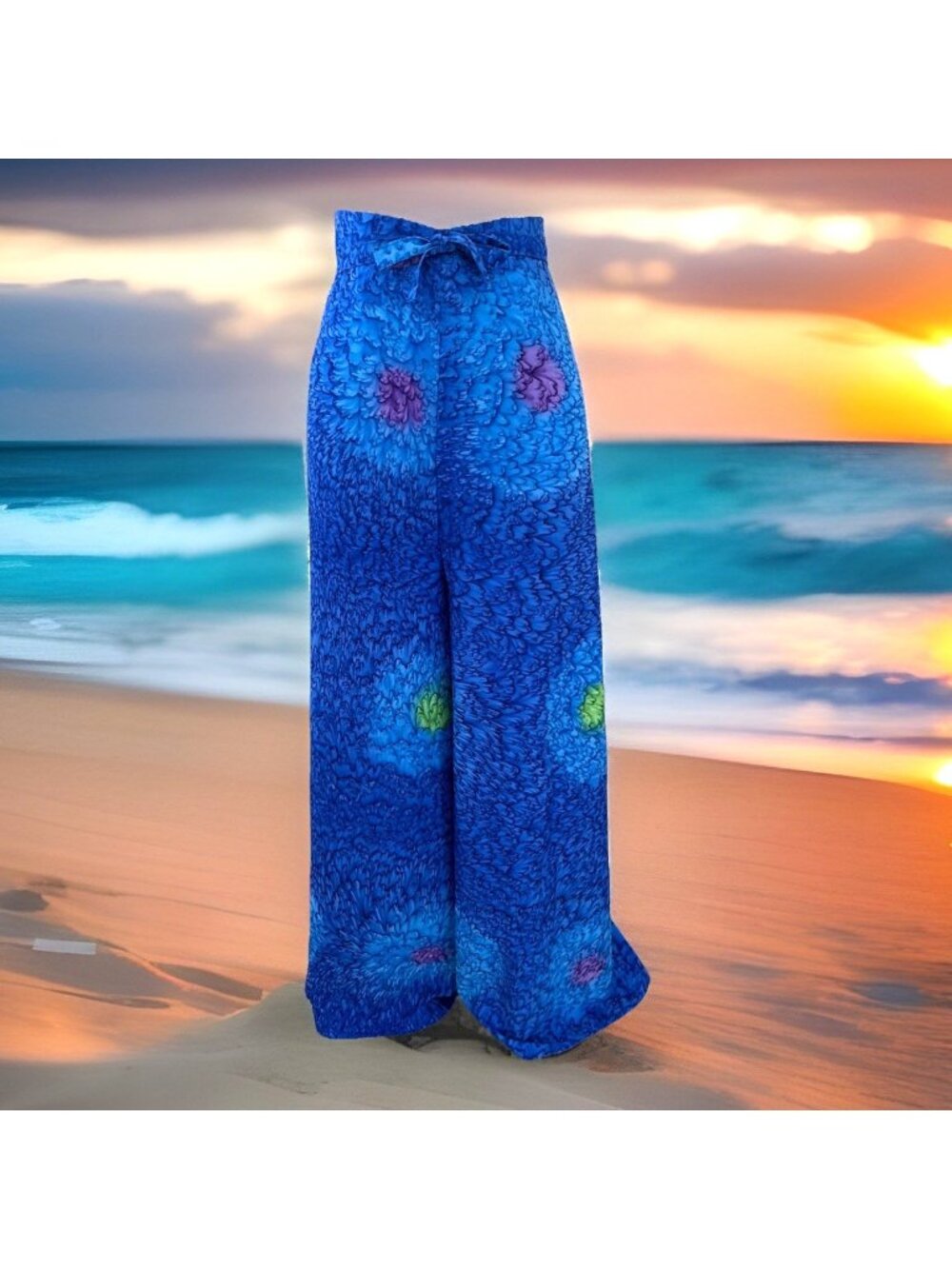 Caribbean Beach Pants Wide Leg Loose Fit Free Size Blue Tie Waist Tropical Tiki